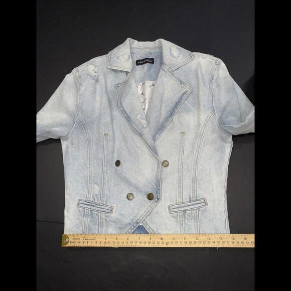 Revolve Retrofête Vivienne Denim Distressed Preppy Designer Jacket SMALL - Picture 14 of 15